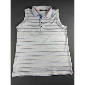 RLX Ralph Lauren Womens Sleeveless Polo Shirt Large White Blue Striped Golf Top